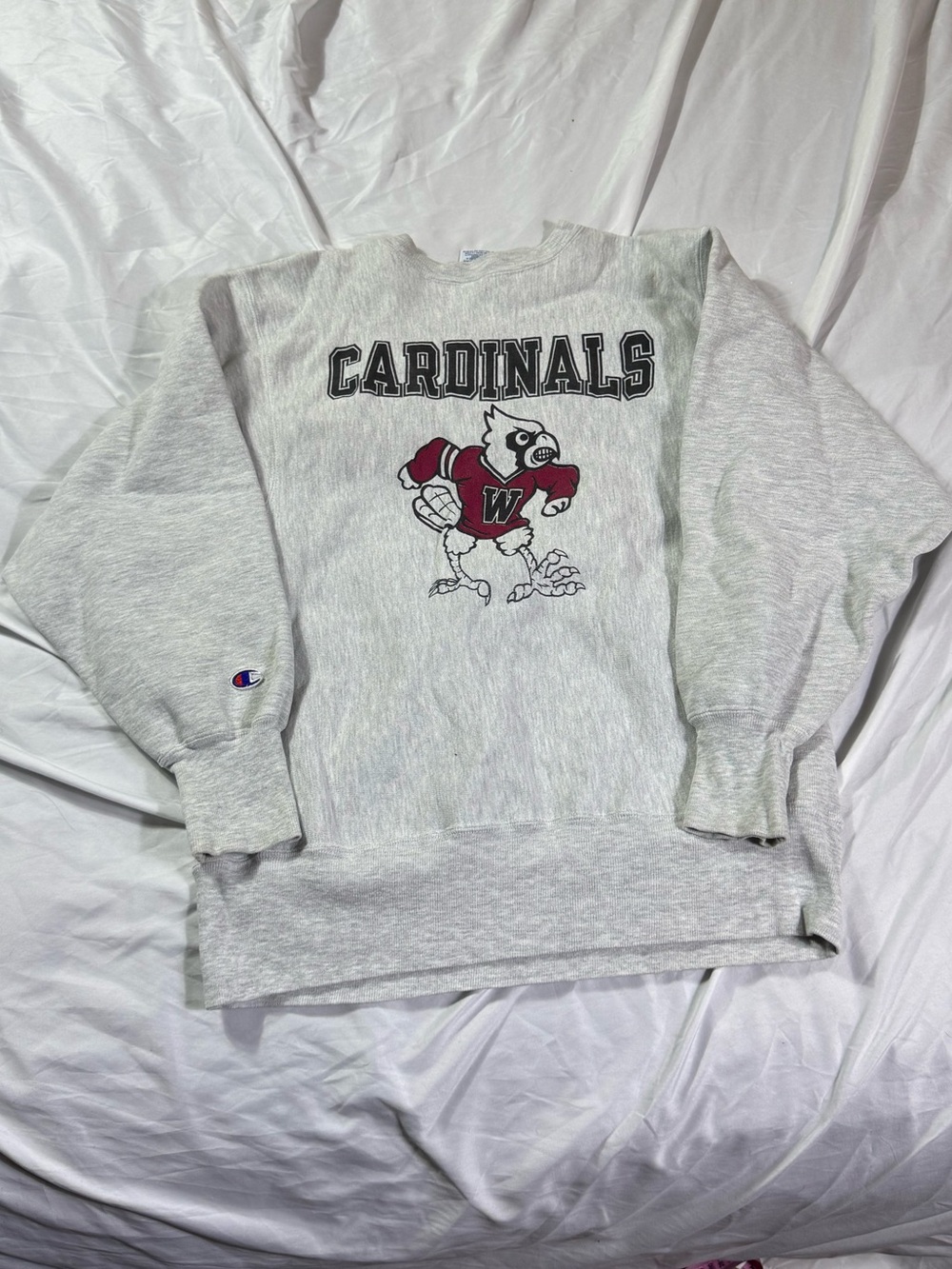 Champion Heather Gray Wesleyan Cardinals Sweatshirt with Red Mascot Large